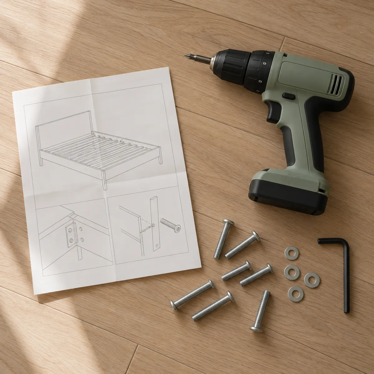 Bed frame hardware and assembly tools laid out