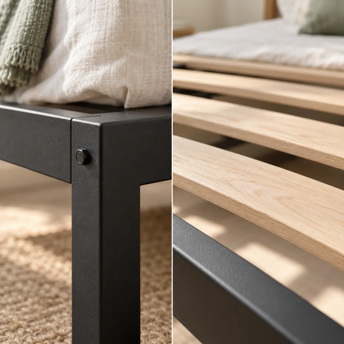 Metal bed frame corner beside wooden slats