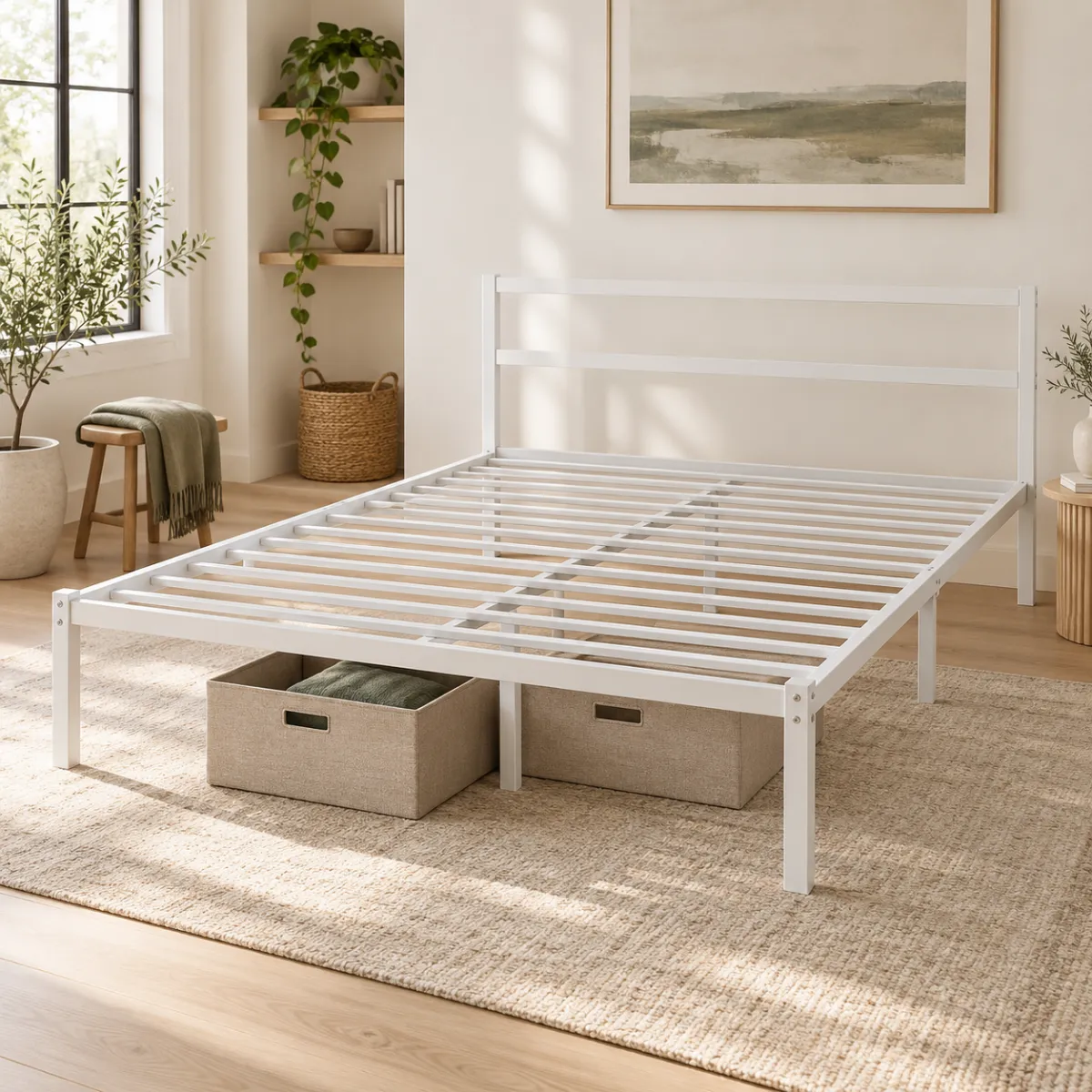 Queen metal platform bed frame with underbed storage