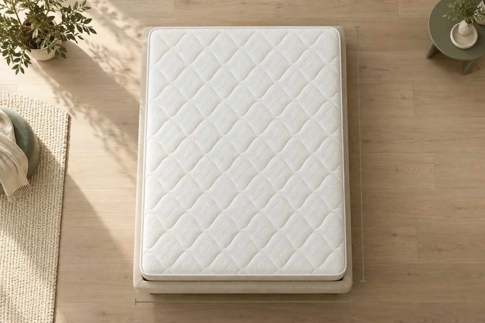 Queen mattress on a box spring seen from above
